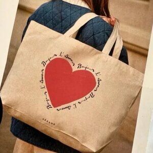 SEZANE NEW "L’Amor" Cream Tote Bag with Red Heart